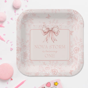 Pink Bow Birthday Party Whimsy Toile Personalised Paper Plate