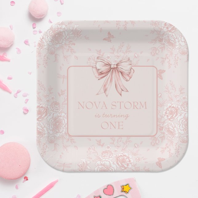 Pink Bow Birthday Party Whimsy Toile Personalised Paper Plate (Creator Uploaded)