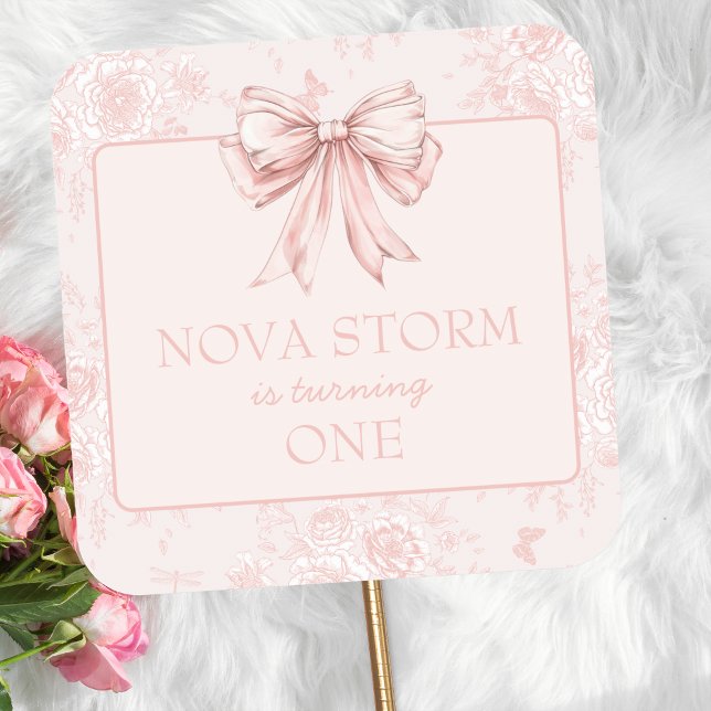 Pink Bow Birthday Party Whimsy Toile Personalised Square Sticker (Creator Uploaded)