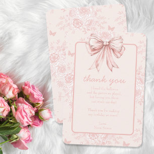 Pink Bow Birthday Party Whimsy Toile Personalised Thank You Card