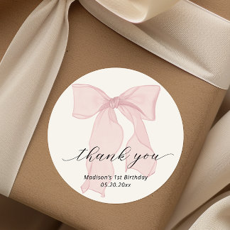 Pink Bow Birthday Thank you Classic Round Sticker