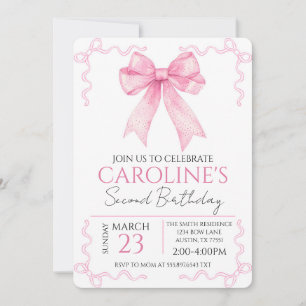 Pink Bow Birthday Watercolor Invitation