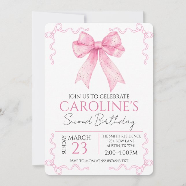 Pink Bow Birthday Watercolor Invitation (Front)