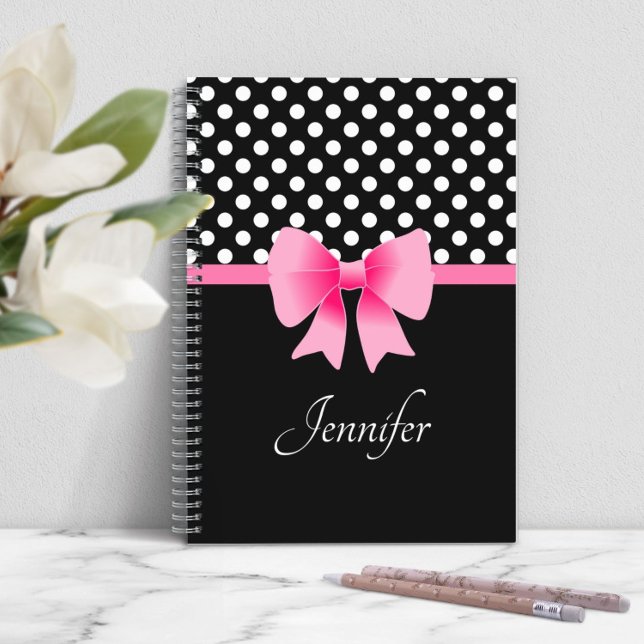 Pink Bow Black And White Name Notebook (Personalized Elegant Script Pink Bow Notebook)