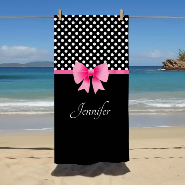 Pink Bow Black And White Polka Dots Name Beach Towel (Custom Name Pink Ribbon Black & White Polka Dots Name Beach Towel)