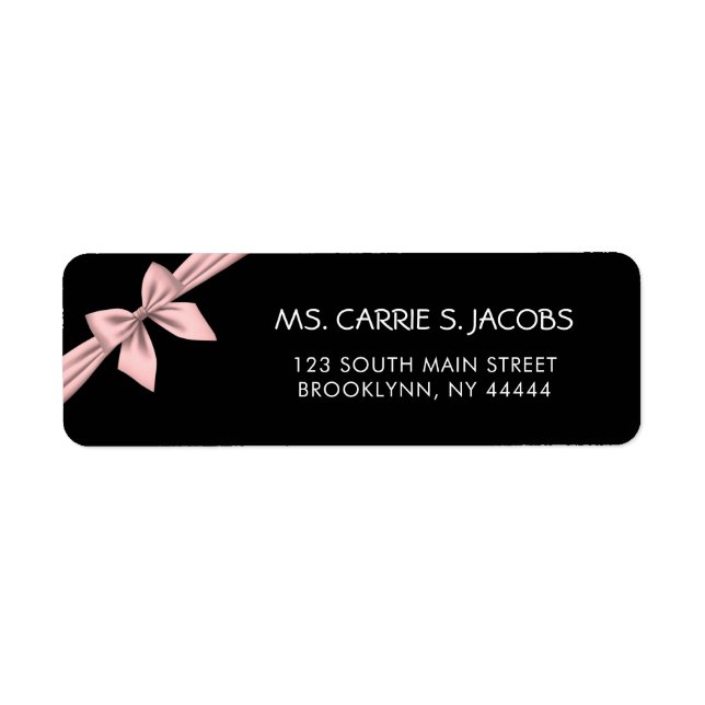 Pink Bow Black Background Bridal Shower Return Address Label (Front)