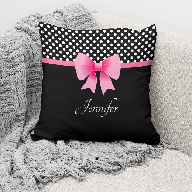 Pink Bow Black & White Polka Dots Pattern Name Cushion (Creator Uploaded)