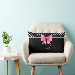 Pink Bow Black & White Polka Dots Pattern Name Lum Lumbar Cushion
