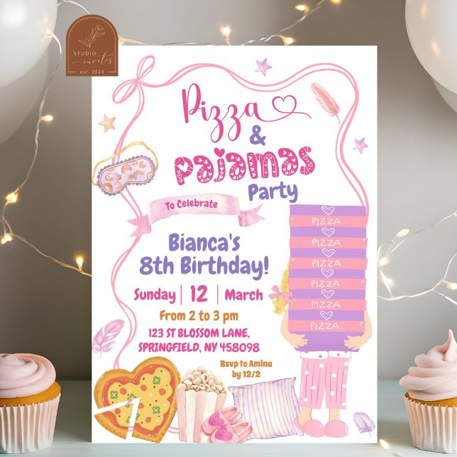 Pink Bow Blonde Girl Pizza and Pyjamas Birthday Invitation (Creator Uploaded)