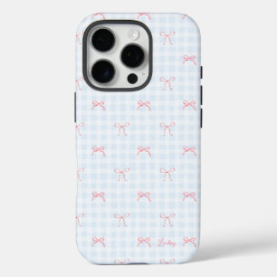 Pink Bow Blue Gingham Personalised Name iPhone 16 Pro Case