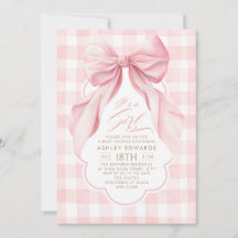 Pink Bow Blush Gingham Elegant Girl Baby Shower