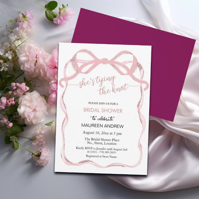 Pink Bow Blush Glitter She's Tying The Knot Bridal Invitation (Creator Uploaded)