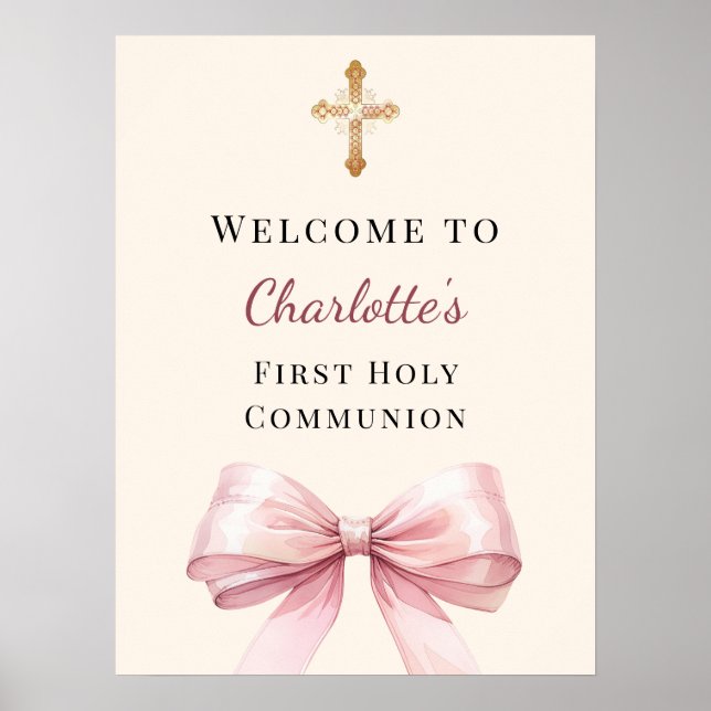 Pink bow blush ivory First Holy Communion welcome Poster (Front)