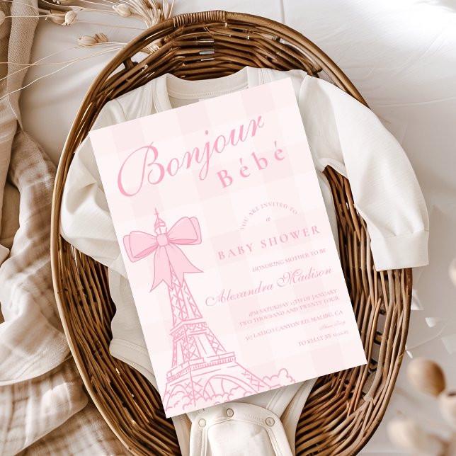 Pink Bow Bonjour Bebe Baby Shower Invitation (Creator Uploaded)