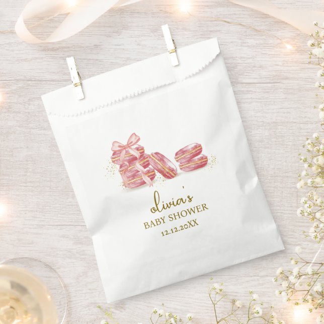 Pink Bow Bonjour Bébé French Macarons Baby Shower  Favour Bag (Clipped)