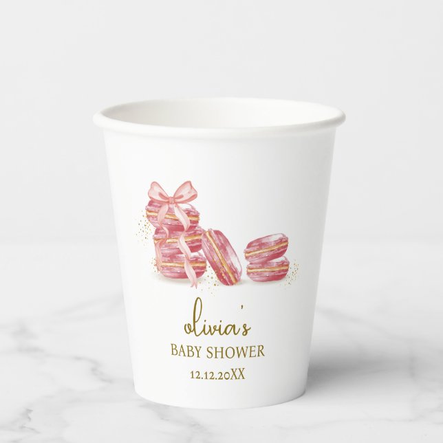 Pink Bow Bonjour Bébé French Macarons Baby Shower  Paper Cups (Front)