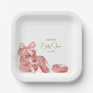 Pink Bow Bonjour Bébé French Macarons Baby Shower Paper Plate