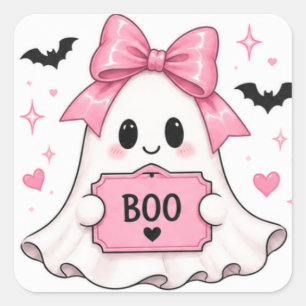 Pink Bow BOO Ghost Coquette Halloween Square Sticker