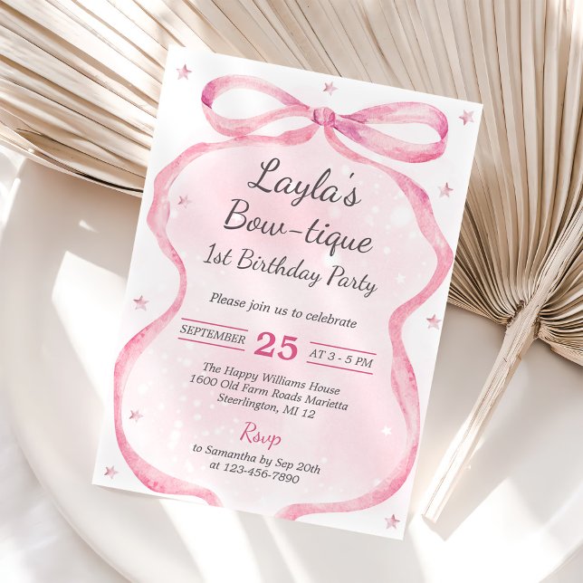 Pink Bow Boutique 1st Birthday Party Invitation (Creator Uploaded)