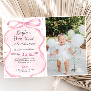 Pink Bow Boutique 1st Birthday Party Photo Invitation