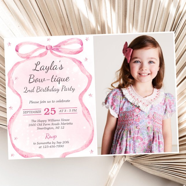 Pink Bow Boutique 2nd Birthday Party Photo Invitation (Creator Uploaded)