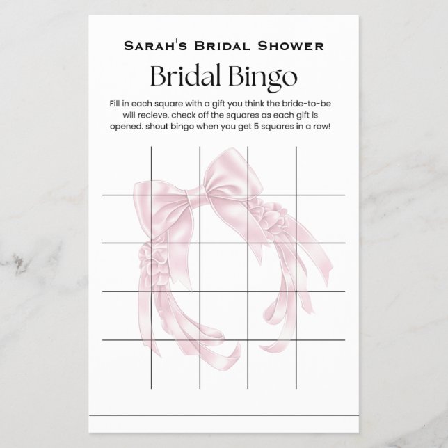 Pink Bow Bridal Shower Bingo Game Flyer (Front)