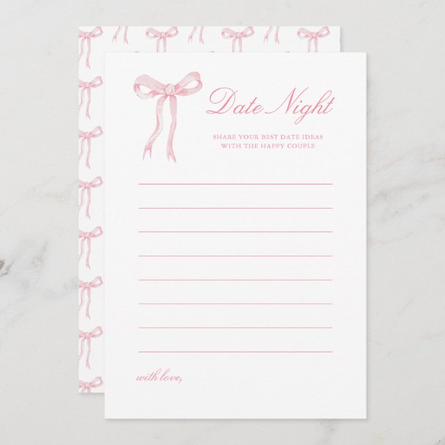 Pink Bow Bridal Shower Date Night Ideas Card (Front/Back)
