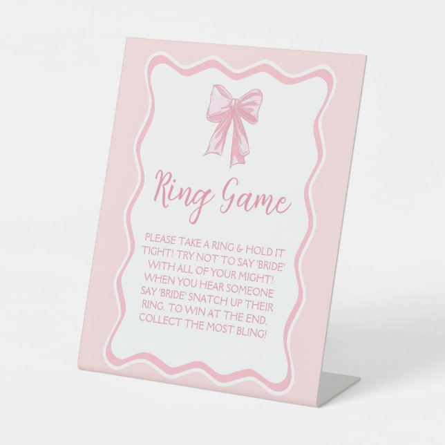 Pink Bow Bridal Shower Game Ring Game Pedestal Sign (Front)
