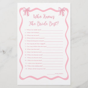 Pink Bow Bridal Shower Game Who Knows Bride Best