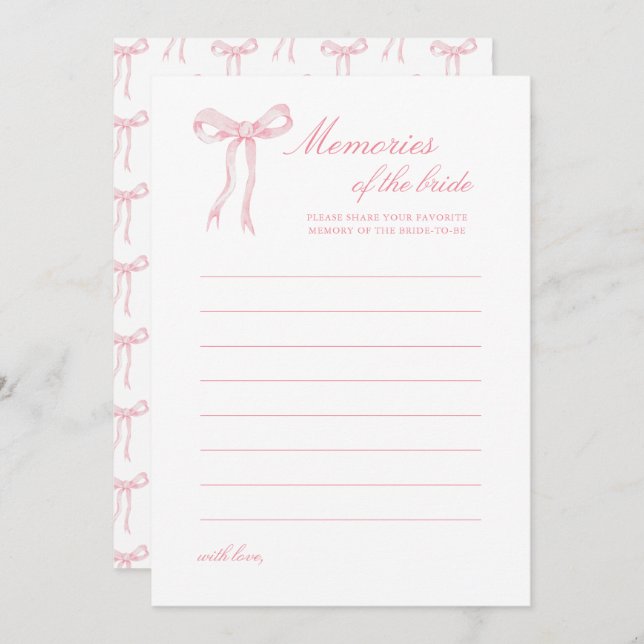 Pink Bow Bridal Shower Memories of Bride Advice Card (Front/Back)