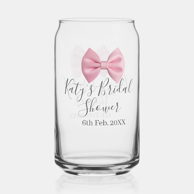 Pink bow bridal shower name date pastel stylish te can glass (Front)