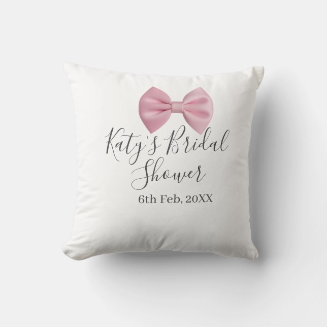 Pink bow bridal shower name date pastel stylish te cushion (Front)