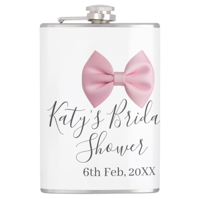 Pink bow bridal shower name date pastel stylish te hip flask (Front)