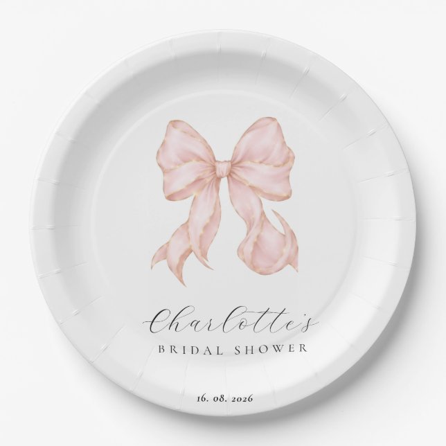 Pink Bow Bridal Shower  Paper Plate (Front)