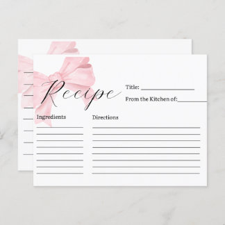 Pink Bow Bridal Shower Recipe Card