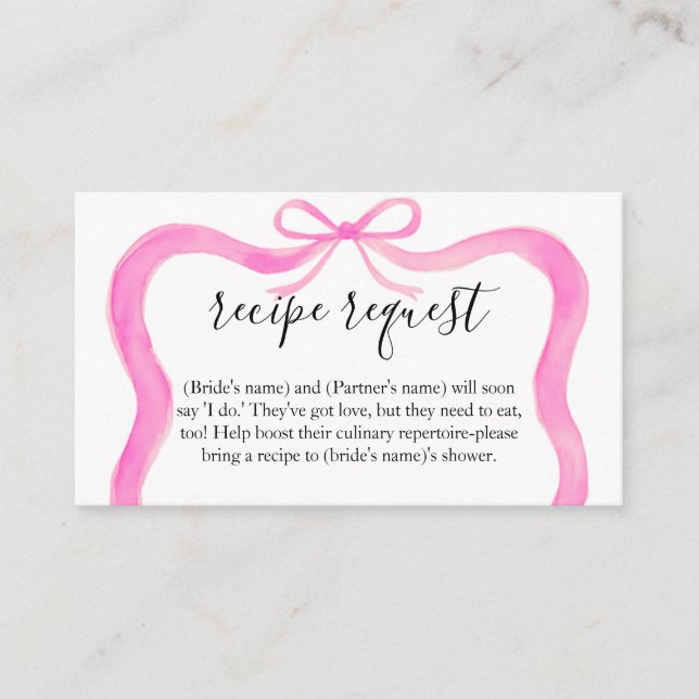 Pink Bow Bridal Shower Recipe Request Card (Front)