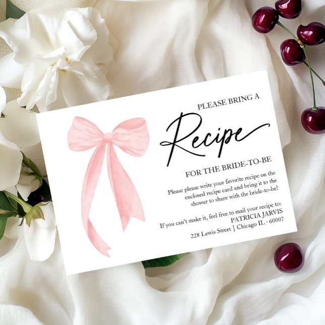 Pink Bow Bridal Shower Recipe Request Enclosure  Invitation (Creator Uploaded)