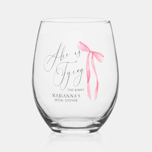 Pink Bow Bride Name Bridal Shower Stemless Wine Glass