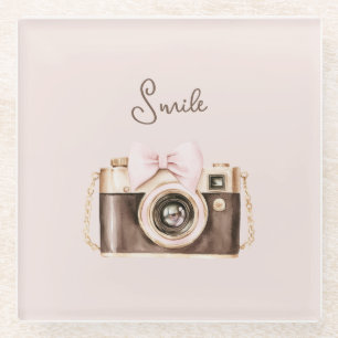 Pink Bow Brown Camera Smile Glass Coaster