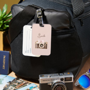 Pink Bow Brown Camera Smile Luggage Tag
