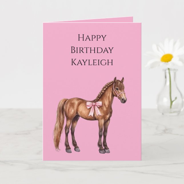 Pink Bow Brown Horse with Braid Birthday Card (Small Plant)