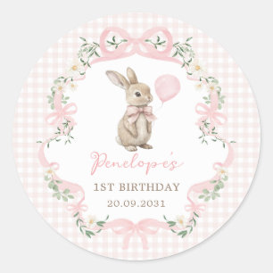Pink Bow Bunny Balloon Girl Birthday Party Classic Round Sticker