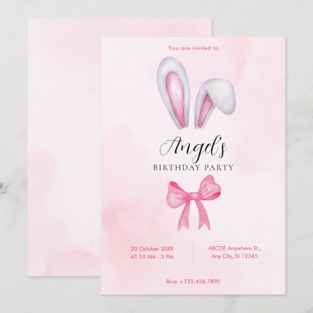 Pink bow bunny birthday invitation (Front/Back)