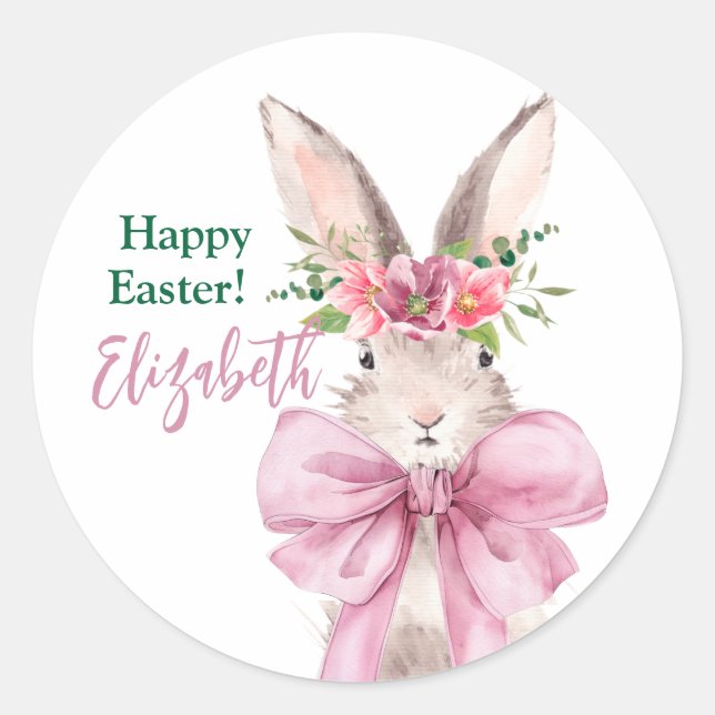 Pink bow bunny Happy easter  rabbit  Classic Round Sticker (Front)