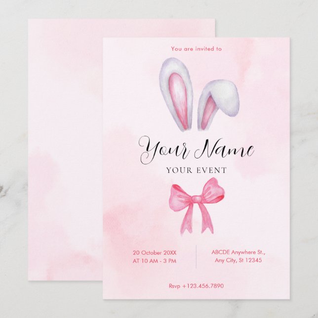 Pink bow bunny  invitation (Front/Back)