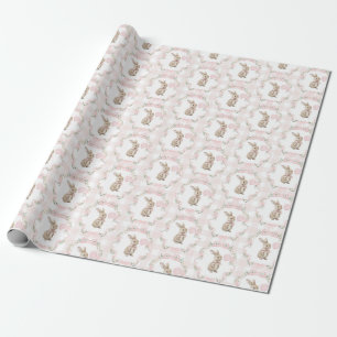 Pink Bow Bunny Rabbit Gingham Girl Birthday Wrapping Paper