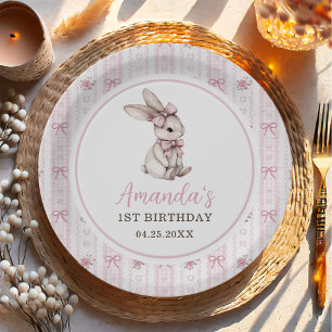 Pink Bow Bunny Vintage Rabbit 1st Birthday Paper Plate