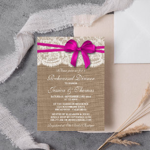 Pink Bow Burlap & Lace Wedding Rehearsal Dinner Invitation