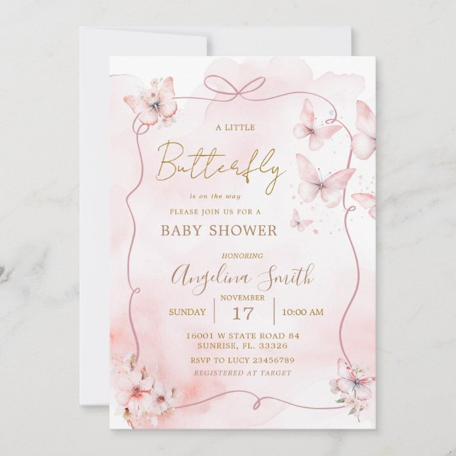 Pink Bow Butterfly Baby Shower Invitation  (Front)