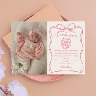 Pink Bow Cake Birthday Photo Thank You Card